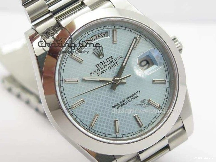 0112 DayDate 40mm BP-Maker 228206 SS Ice Blue Stick Dial (Smooth Bezel) On SS Bracelet ETA FreshLook 3913